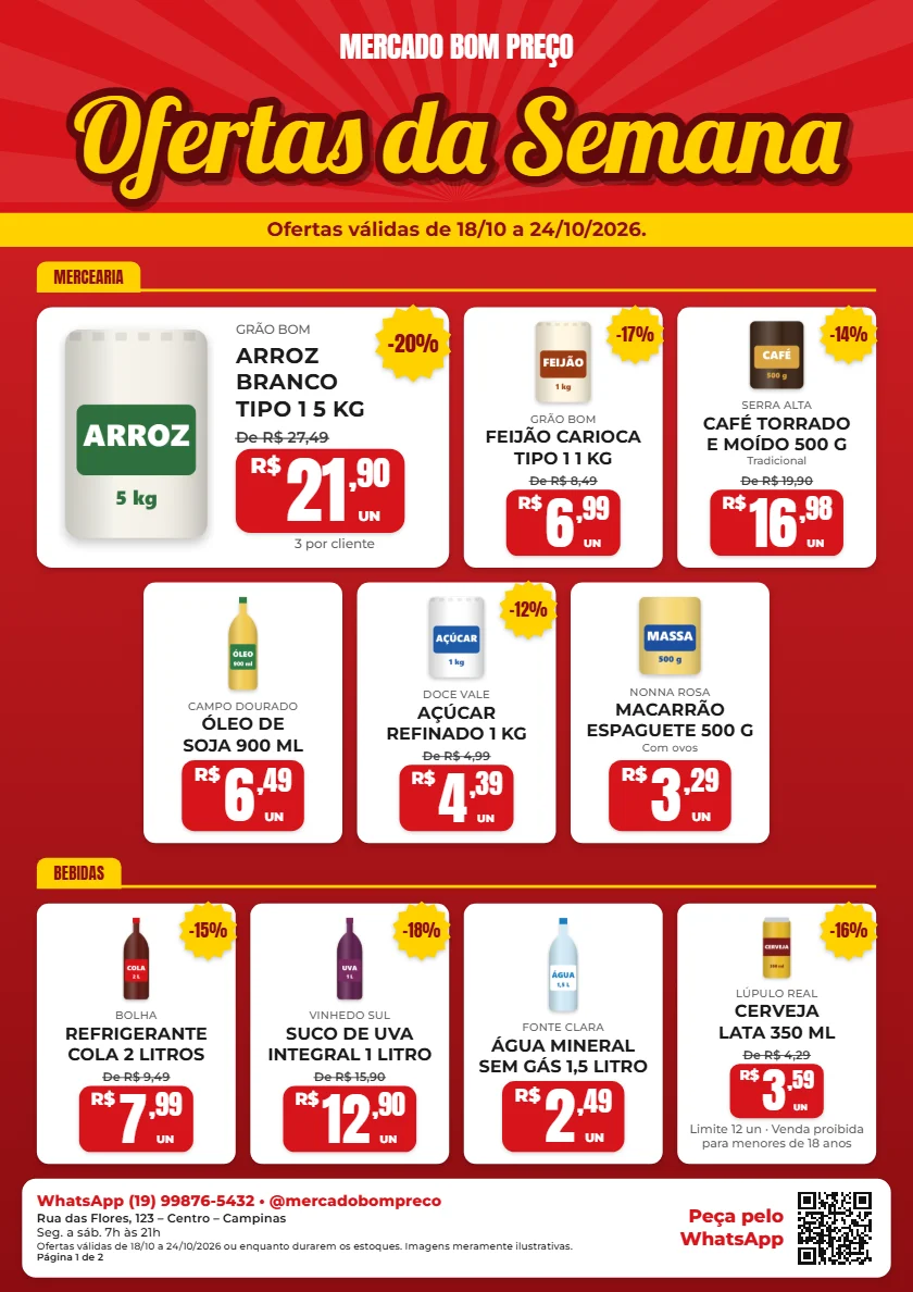 Exemplo de encarte A4 do modelo Supermercado Popular gerado pela ferramenta, com 20 produtos de demonstração, preços em etiquetas vermelhas e rodapé com WhatsApp e QR Code