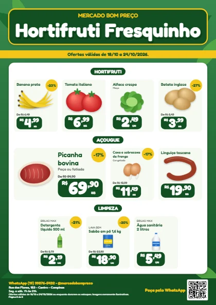 Modelo Hortifruti: fundo verde com folhas, placa de título e etiquetas de preço por quilo